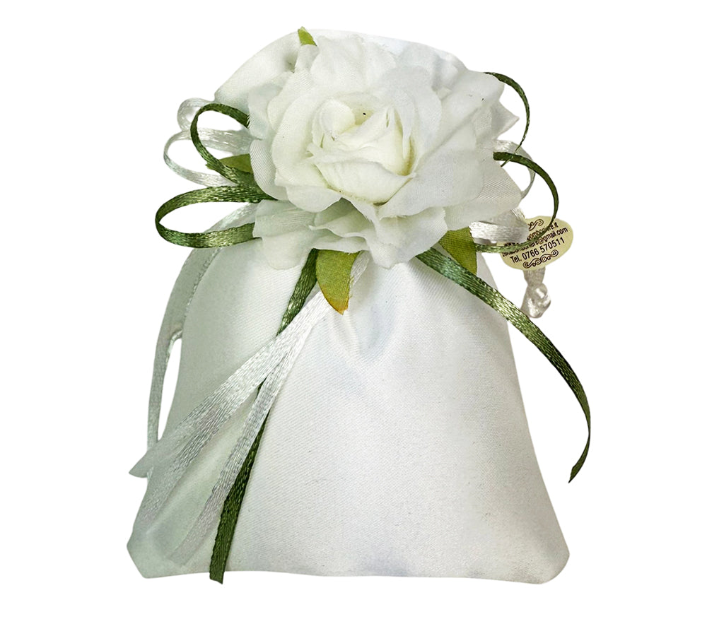 Bomboniere Matrimonio Nozze Sacchetto Raso Bianco Fiorellino Artificiale