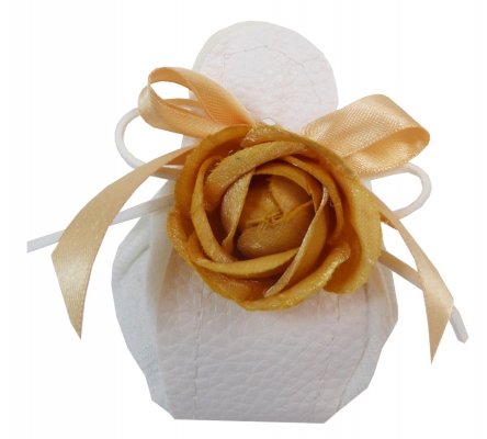 Bomboniere Sacchetto Bianco Misto Ecopelle Matrimonio Applicazione Fiore Giallo