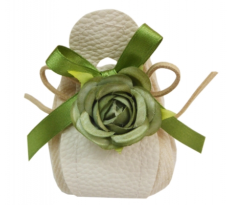 Bomboniere Sacchetto Bianco Misto Ecopelle Matrimonio Applicazione Fiore Verde