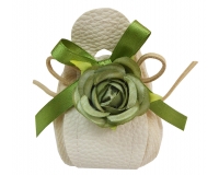 Bomboniere Sacchetto Bianco Misto Ecopelle Matrimonio Applicazione Fiore Verde